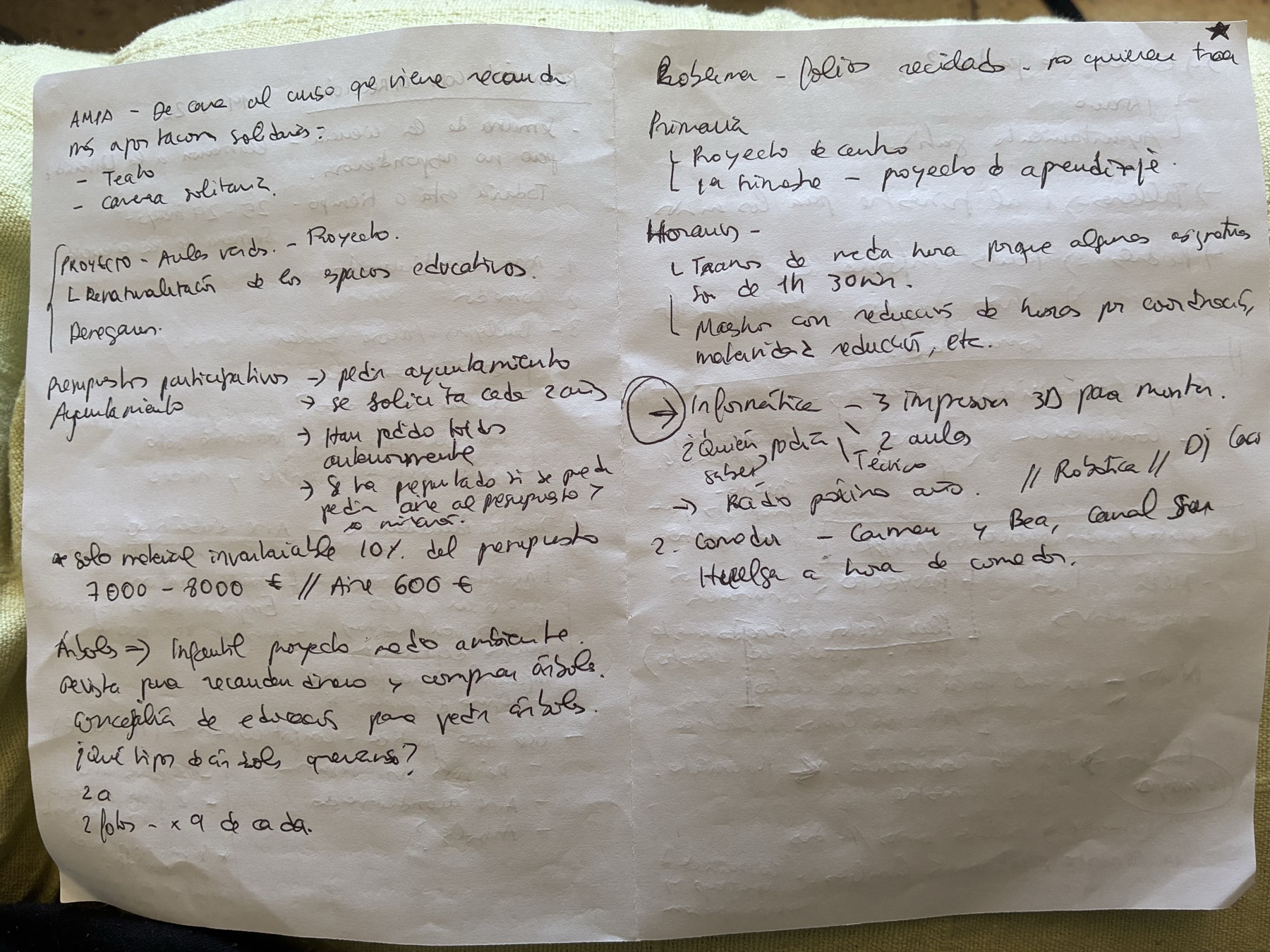Spanish handwritten meeting notes — AMPA school PTA agenda
