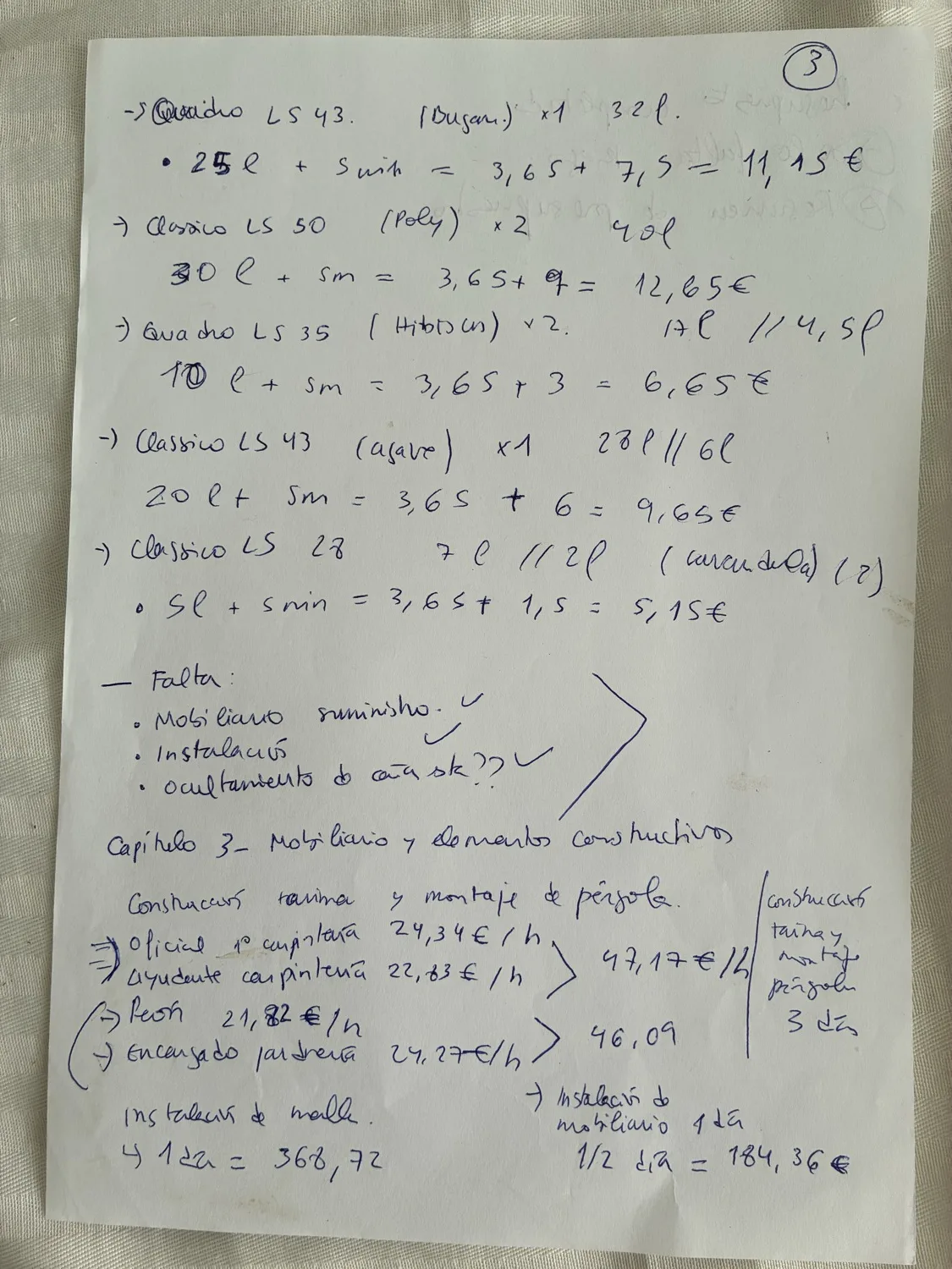 Handwritten Spanish carpentry quote with prices and calculations