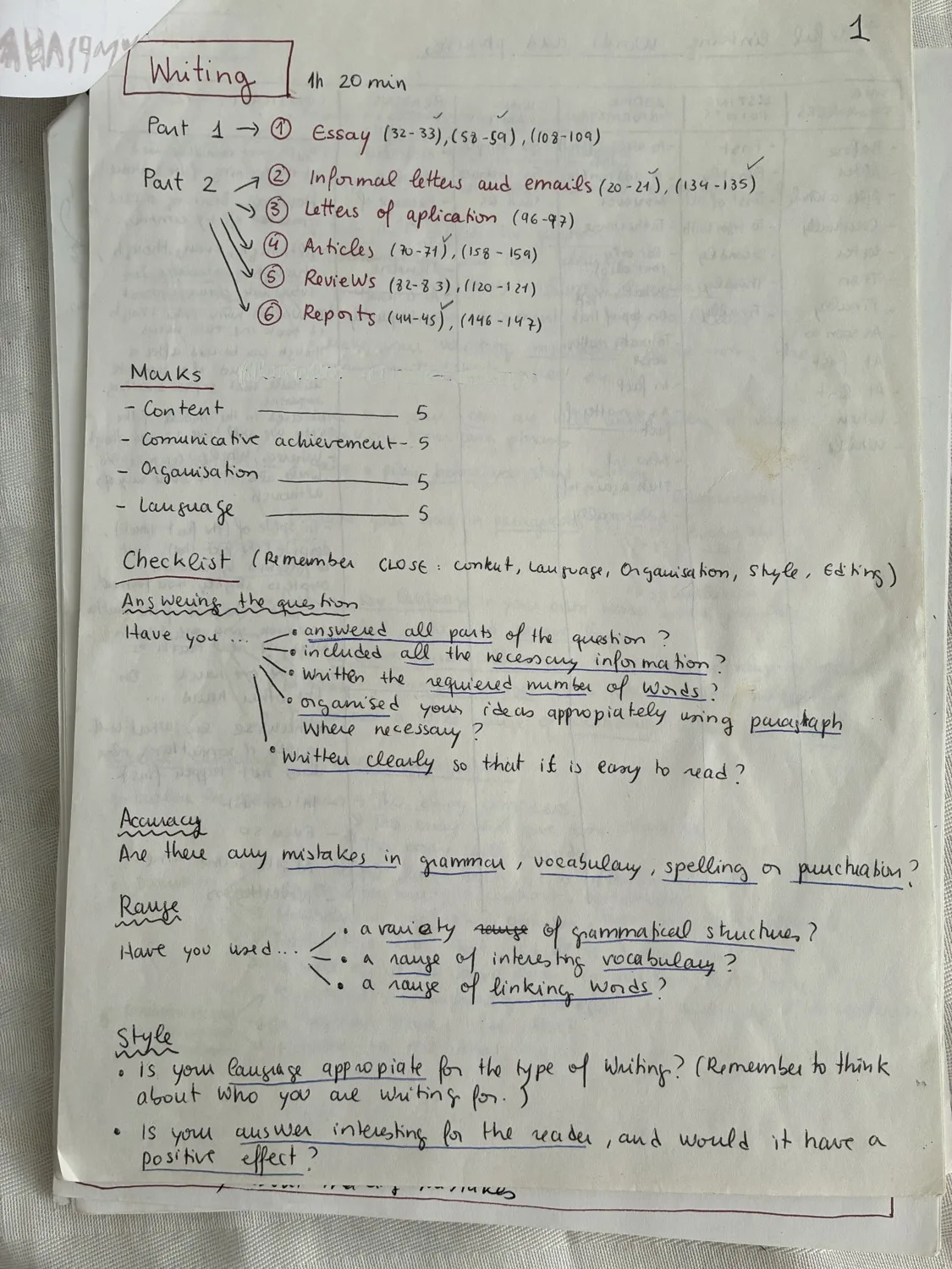 Handwritten English exam-revision notes for the Cambridge Writing paper