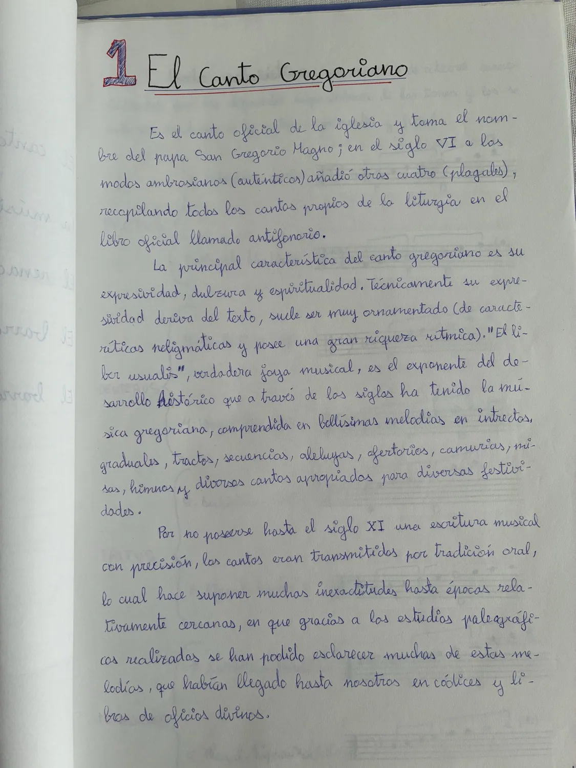 Handwritten Spanish essay on Gregorian chant