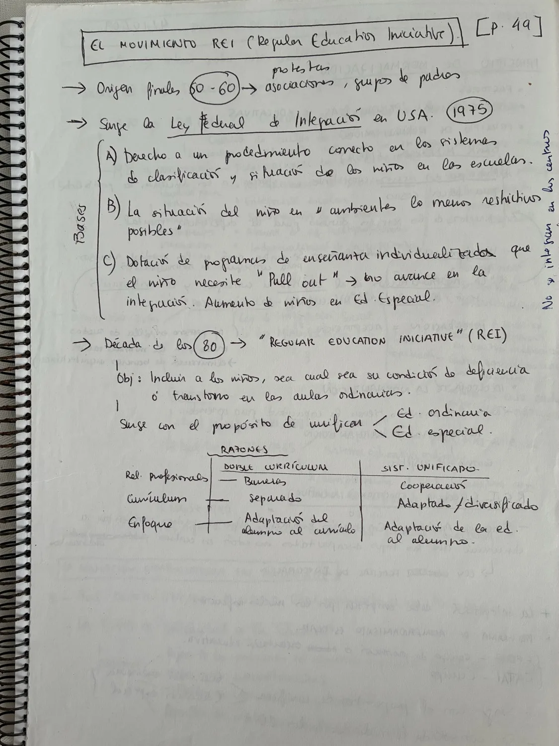 Handwritten Spanish special-education notes on the Regular Education Initiative